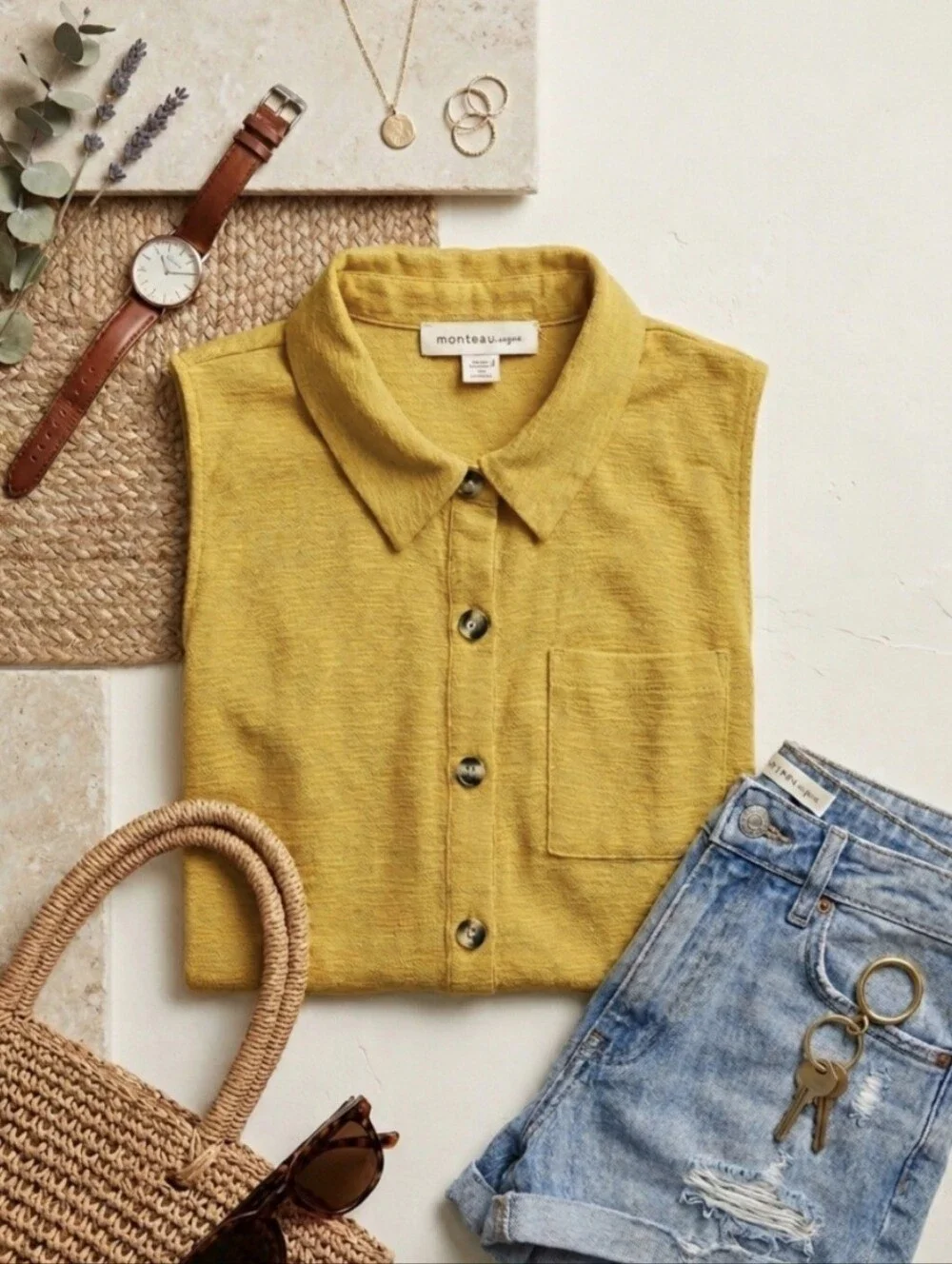 Monteau Los Angeles Mustard Yellow Sleeveless Button Up Blouse Top Shirt Size M